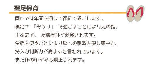 園内では年間を通じて裸足で過ごします。裸足や「ぞうり」で過ごすことにより足の指、土ふまず、足裏全体が刺激されます。全指を使うことにより脳への刺激を促し集中力、持久力判断力が高まると言われています。また体のゆがみも矯正されます。